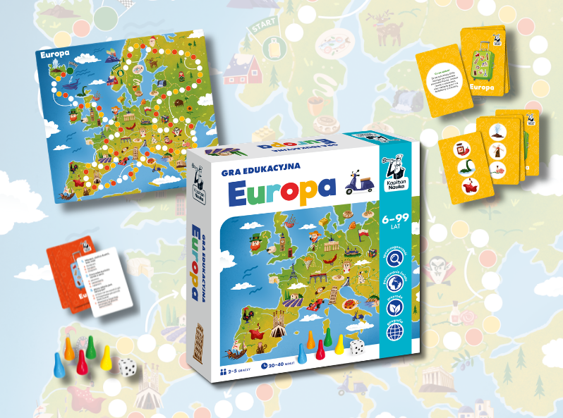 Pudełko gry edukacyjnej Europa Kapitana Nauki z planszą z mapą Europy, kartami, pionkami i kostką